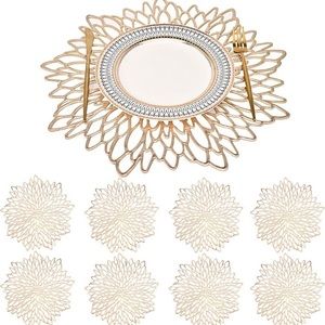 Gold Vinyl Placemats Set of 8 Round Floral Leaf Dining Modern Table Place Mats